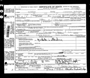 Certificate of Death, Caroline Hamby