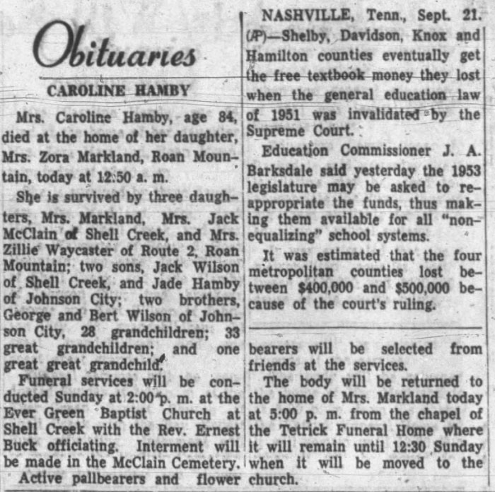 Elizabethton Star Obituary, Caroline Hamby, Sep 21, 1951